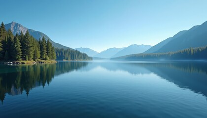 Mountains reflected in tranquil lake with pine trees on shore
