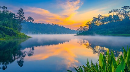 Serene Sunrise Over Foggy Mountain Lake Reflection