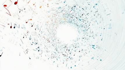 Obraz premium A creative vector layout of music notes and small symbols, scattered in a spiral arrangement against a bright white background.