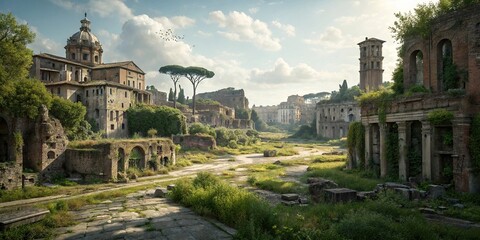 Naklejka premium An ancient ruined cityscape with crumbling buildings and overgrown vegetation, ruined city, abandoned