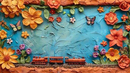 A colorful, whimsical clay sculpture of a train passing through a flower-filled landscape.