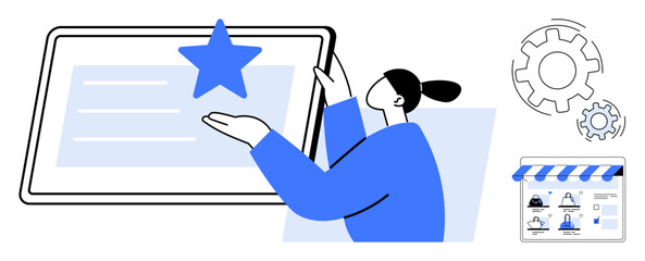 Woman pointing at a tablet with a star icon, surrounded by gears and a web shop window. Ideal for technology, user interface, e-commerce, web development, online shops, digital business, and UIUX