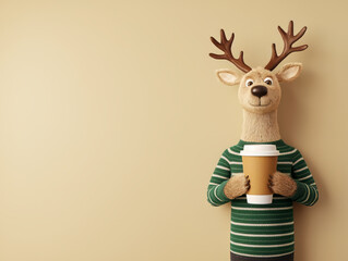 funny reindeer holding coffee cup, ready for long night ahead