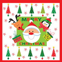 christmas card, gift bag or box design with santa, reindeer, present , penguin and christmas tree