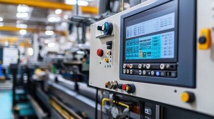 Fototapeta premium A detailed photograph of a horizontal plastic injection molding machine, showcasing the mold area and control panel, set against a white background.