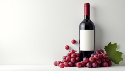 Obraz premium A red wine bottle with grapes and a green leaf