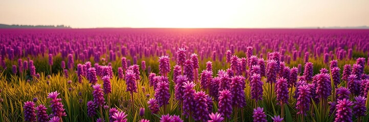 Obraz premium A sea of purple magenta flowers stretching across the horizon of a sun-drenched field meadow, vast expanse, flowers, meadow