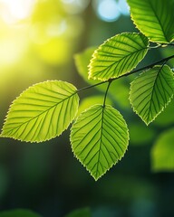Closeup of a vibrant green leaf illuminated by sunlight, symbolizing growth, vitality, and the beauty of nature