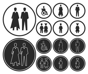 Toilet, wc, bathroom or restroom sign. Person with a disability, physical handicap. Wheelchairs access. vector pictogram or symbol. Mobility symbol.