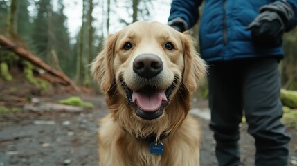 Happy Golden Retriever on a Hike Through the Forest
