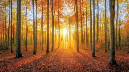 Sunbeams Illuminate Autumnal Forest Pathway