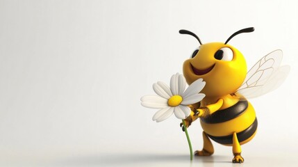 Obraz premium Cute 3D cartoon bee carrying a flower, with a joyful expression, isolated on white