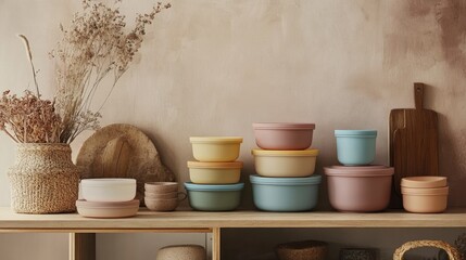 Colorful Kitchen Storage Containers and Natural Decor Arrangement