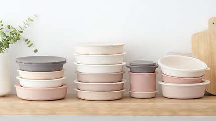 Elegant Stack of Modern Kitchen Bowls and Containers in Soft Tones