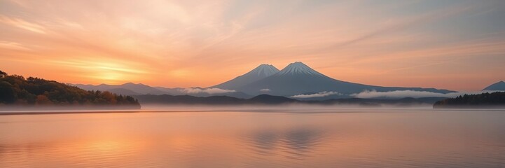 Fototapeta premium Autumn sunrise over Lake Kawaguchiko with Mountain Fuji in the distance and a layer of mist hanging in the air, outdoor scene, mountain fuji