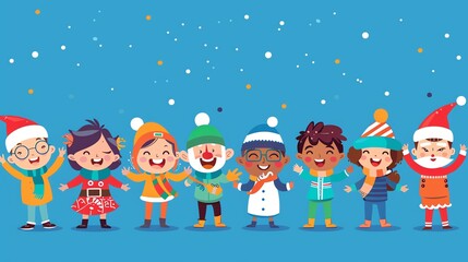 Fototapeta premium A group of diverse cartoon children are celebrating winter or Christmas.