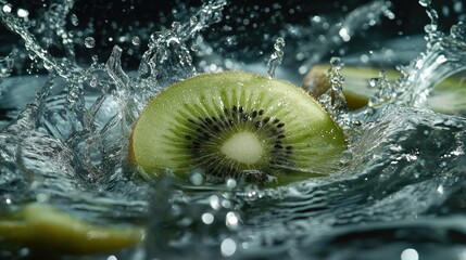 A high-resolution shot of a kiwi slice surrounded by shiny flakes and water droplets as it sinks into water. The fine texture of the fruit and its vibrant green hue are accentuated by soft,