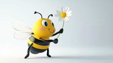 Obraz premium Playful 3D cartoon bee twirling a small flower like a baton, on a plain white background