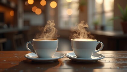 Two cups of coffee on saucers, steaming in dim light with blurred window background
