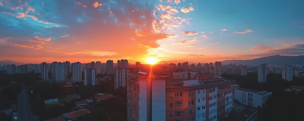 Obraz premium Solar panels installed on the roof of a city building, with a beautiful sunset sky and warm light illuminating the scene