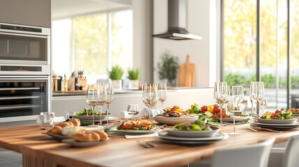A beautifully set dining table in a modern kitchen, with an array of dishes, including fresh salads, bread, and wine glasses