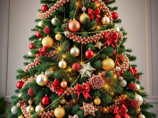 Beautifully decorated Christmas tree with festive ornaments and garlands, wintry theme, cozy home decor, elegant display