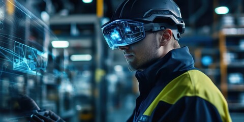 Warehouse supervisor using digital tools, inspecting inventory in a high-tech warehouse with automated systems and streamlined operations