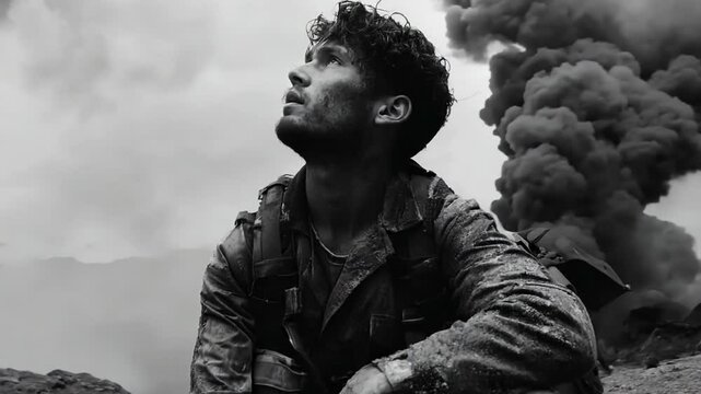 Silent battlefield: war captured in single frame, freezing fear, grief, and horrors of history, evoking deep emotion that touches soul, reflects lasting impact of conflict on heart, mind.