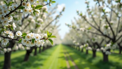 Obraz premium A path through an orchard of blooming trees