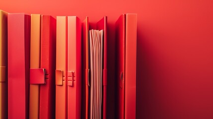 Obraz premium A row of red, orange, and yellow books on a red background.
