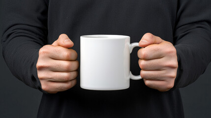person holding plain white mug with both hands, showcasing minimalist design. focus is on mug, emphasizing its simplicity and elegance