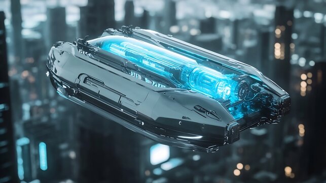 Sleek Futuristic Hover Car Soaring Above a Vibrant Illuminated Cityscape