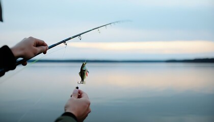 Quiet lake, fishing expert with bait attracting fish