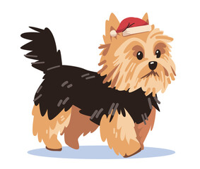 Yorkshire Terrier wearing Santa hat festive theme cute dog with black and tan fur standing on white background holiday pet design