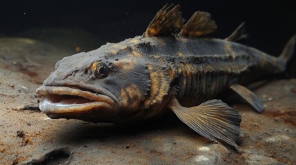 Close-up of a dark-brown fish with light stripes on its body, resting on a sandy riverbed.
