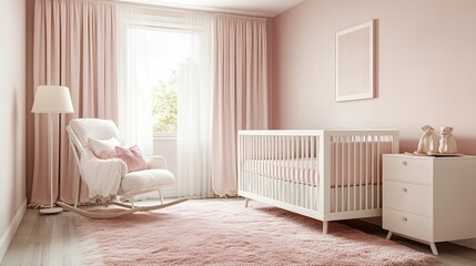 A modern Australian nursery with light pink walls and white VJ panels. A white crib adorned with pink-and-white striped bedding rests on a fluffy pink rug A cozy white rocking chair with pink cushions