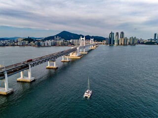 Gwangan bridge aerial view and city skyline, Busan, South Korea