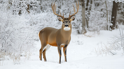 Fototapeta premium A large deer with beautiful branching antlers stands in the middle of a snow-covered forest, Ai generated images