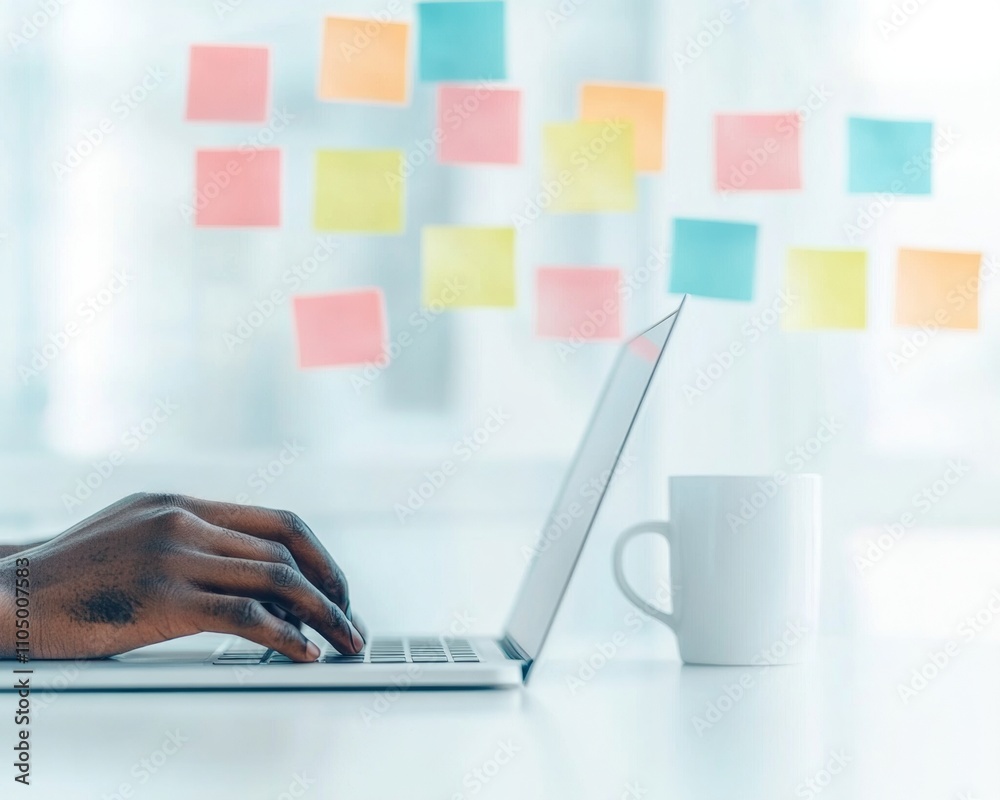 Poster focused workspace with laptop and colorful notes