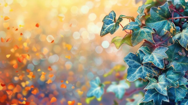 Five-Leaved Ivy on Background with Autumn Branch and Colorful Leaves