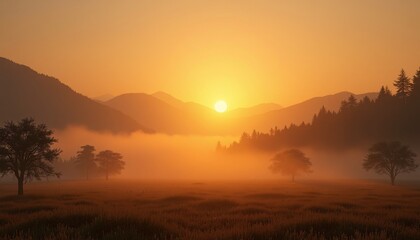 Obraz premium Sunset over misty mountain valley