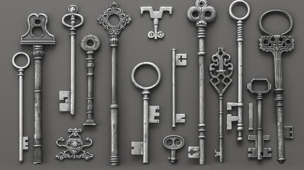 A collection of antique keys laid out on a gray background.