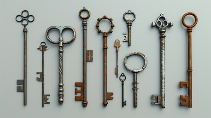 A collection of antique keys on a gray background, with some showing signs of rust.