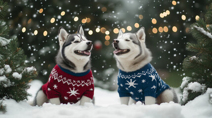 Two Siberian Husky dogs wearing red and blue Christmas sweaters with star and snow patterns, Ai generated images