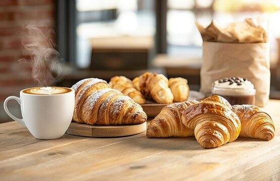 Freshly baked croissants with coffee on a rustic table, perfect for breakfast moments.