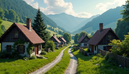 Fototapeta premium Beautiful countryside with quaint houses nestled in the valley of majestic mountains
