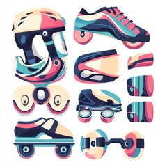 Colorful Roller Skating Gear Illustration: Helmet, Shoes, and Protective Pads