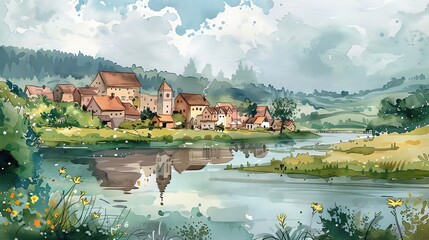 Obraz premium A watercolor painting of a village by a river, with rolling hills and a cloudy sky in the background.