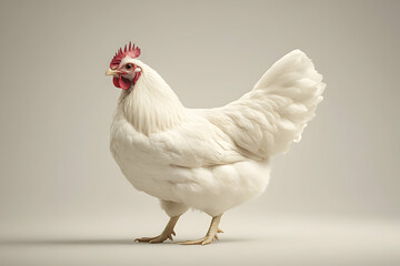 Fototapeta premium Portrait Of A White Chicken Against A Plain Backdrop, Emphasizing Its Elegant Feathers And Posture. Generative AI