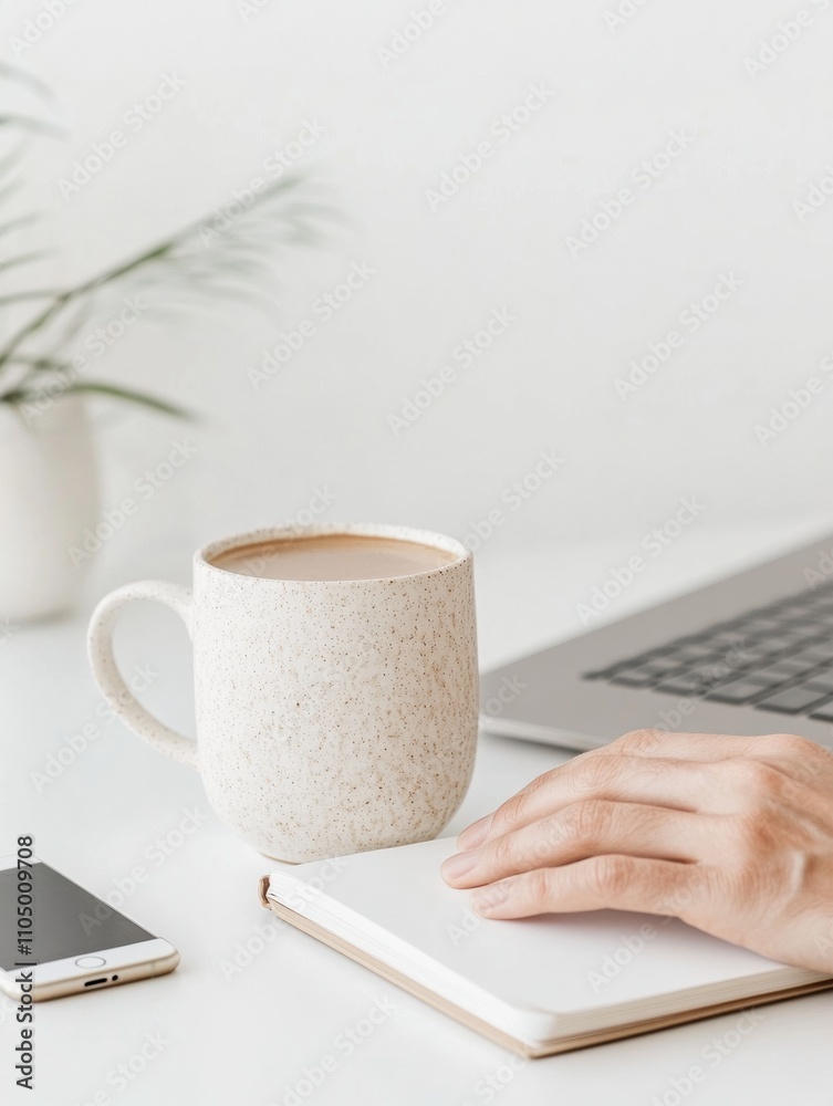 Poster Modern Productivity Hands Typing in a Stylish Workspace with Coffee and Tech